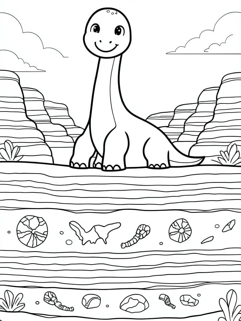 A line drawing coloring page shows a cute long-necked dinosaur standing over layered ground with fossil shapes in the rock bands below.