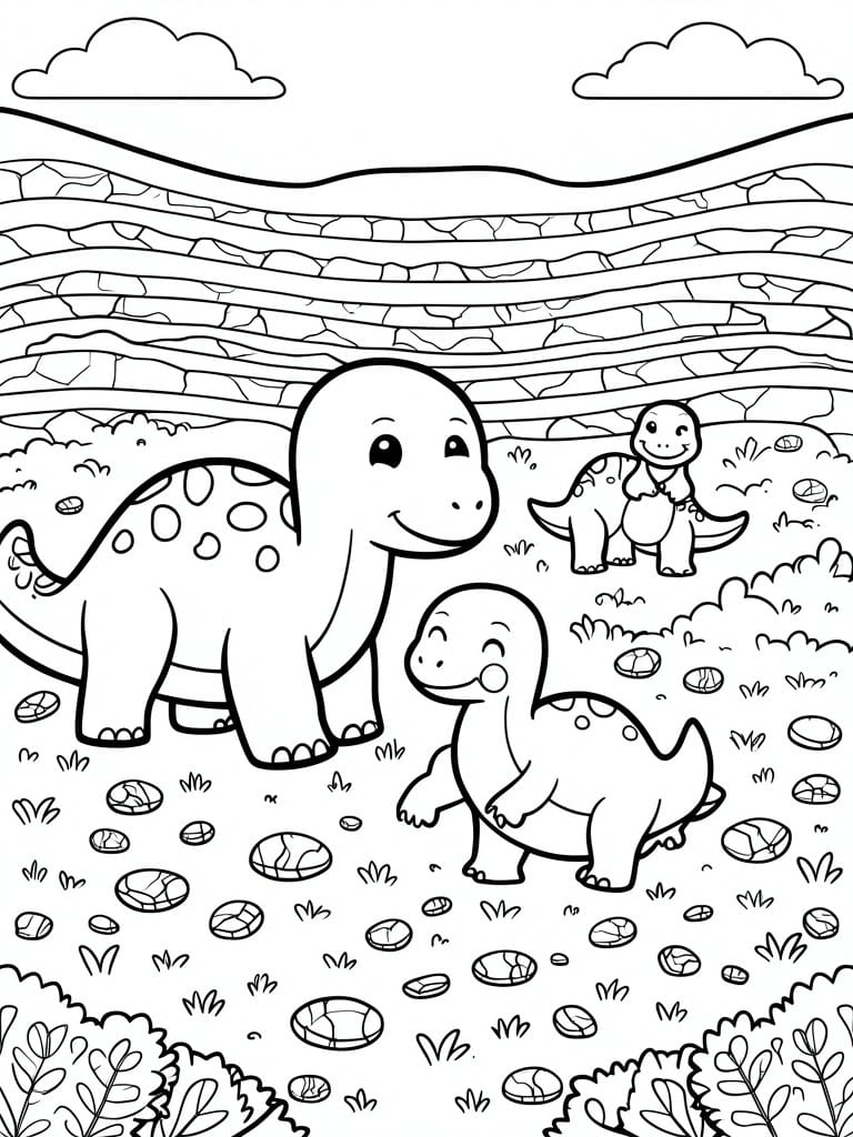 A coloring page with three cartoon dinosaurs of different sizes standing among rocks and plants with hills in the background.