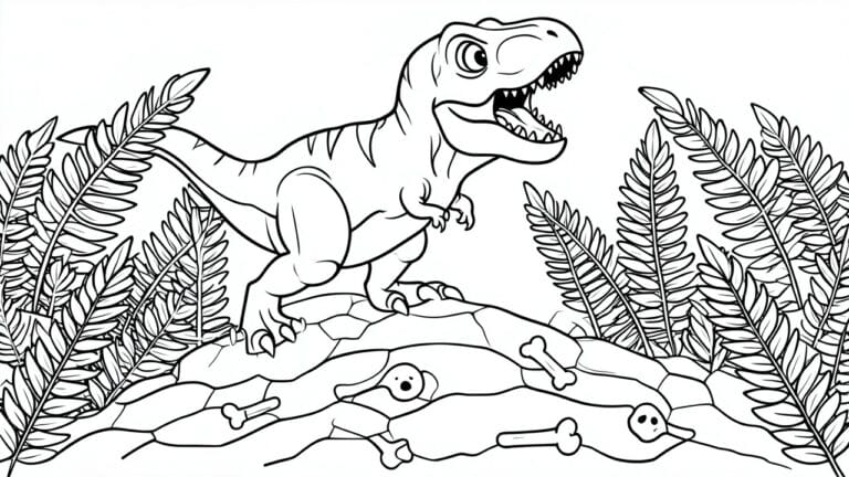 A black and white line drawing of a cartoon T-Rex dinosaur standing on a rock with ferns and bones around it.
