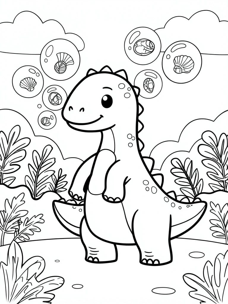 Cute cartoon dinosaur amid seashell bubbles and aquatic plants in line art.