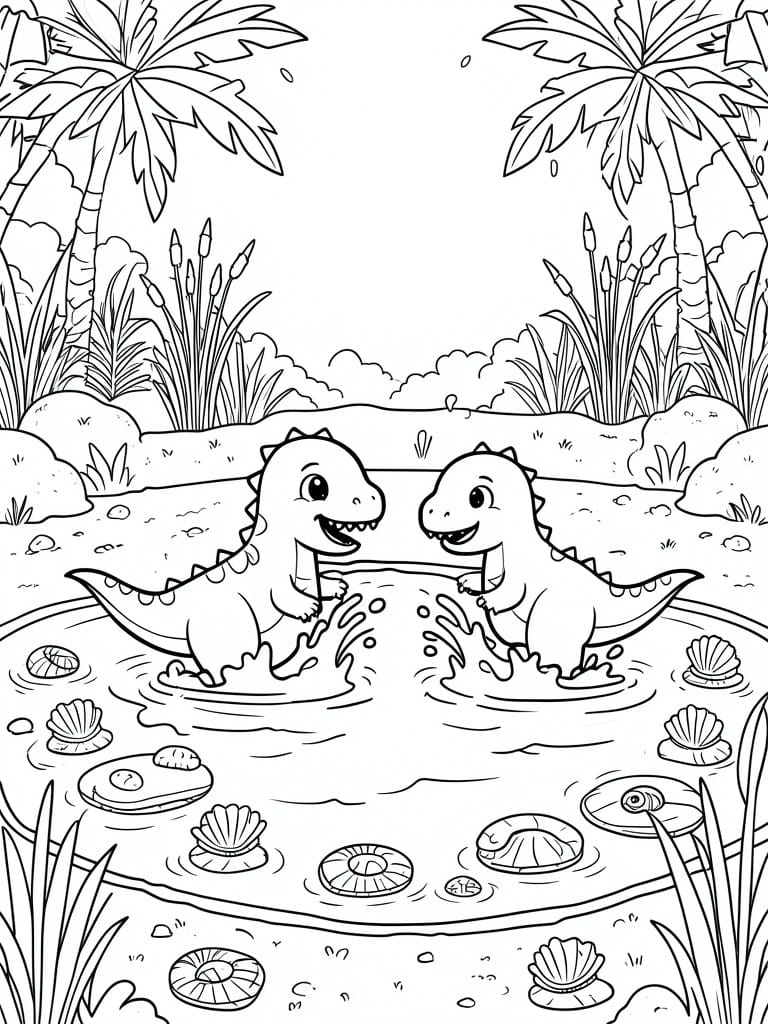 Two cartoon dinosaurs splashing in a pond amid palm trees and seashells.