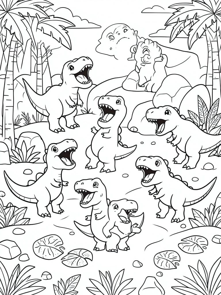 Coloring page of cartoon dinosaurs roaring in jungle with palm trees and rocks.