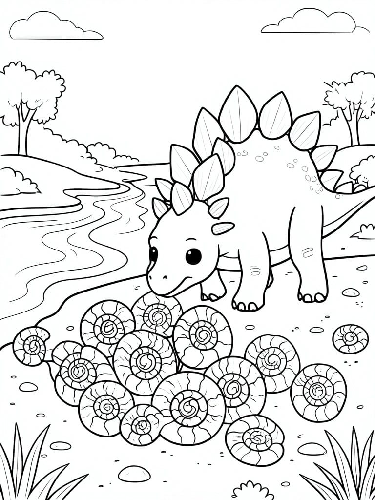 A black and white line drawing of a cute stegosaurus standing by a river with ammonite fossils on the ground.