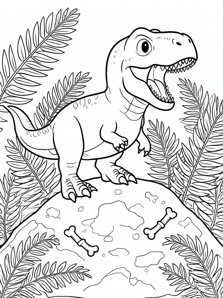 A black and white line drawing of a cartoon T-Rex dinosaur standing on a rock with ferns and bones around it.