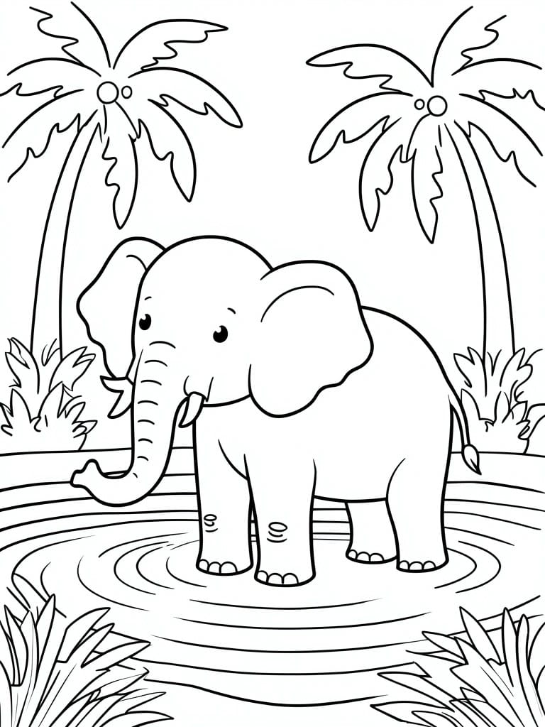 Black and white line drawing of an elephant standing in rippled water with two palm trees and plants in the background.