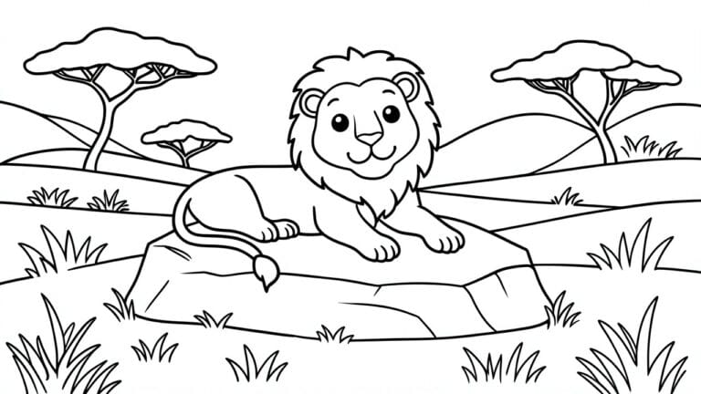 20 Easy Zoo Animal Coloring Pages Focused on Favorite Exhibit Animals Cartoon lion resting on a rock in savanna with acacia trees and grass