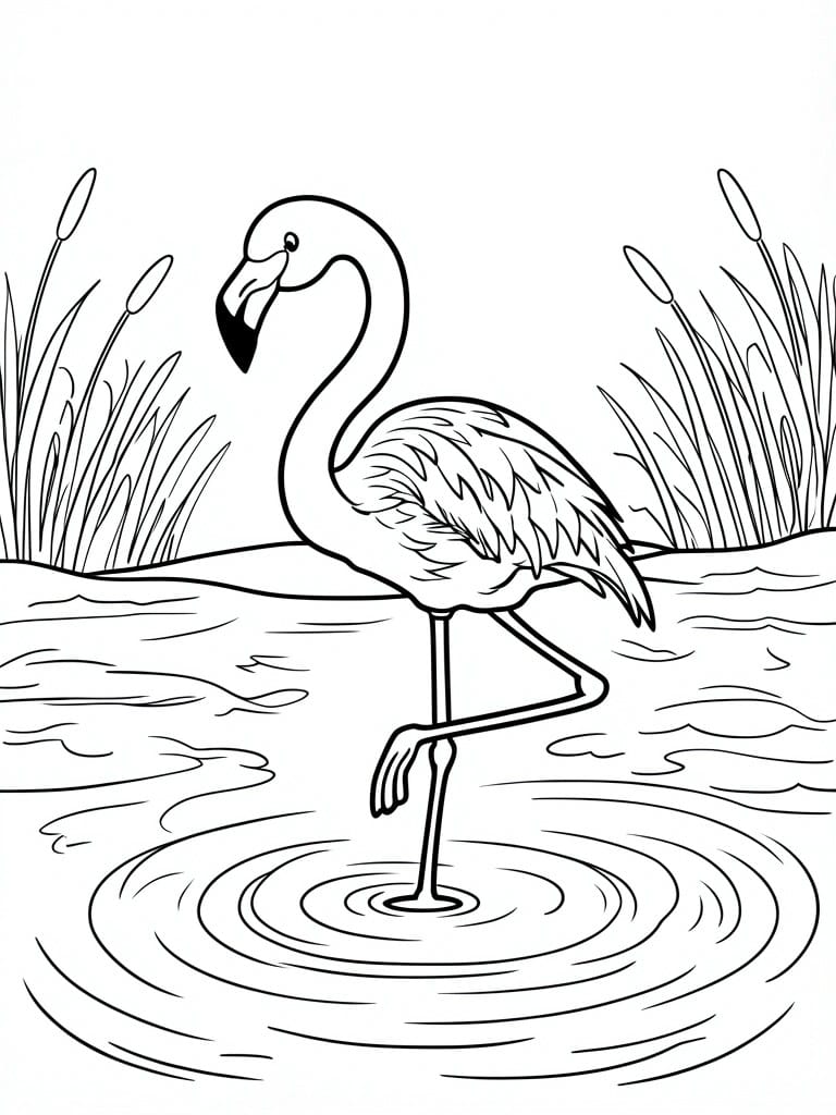 Line drawing of a flamingo standing on one leg in water with ripples and reeds on both sides.