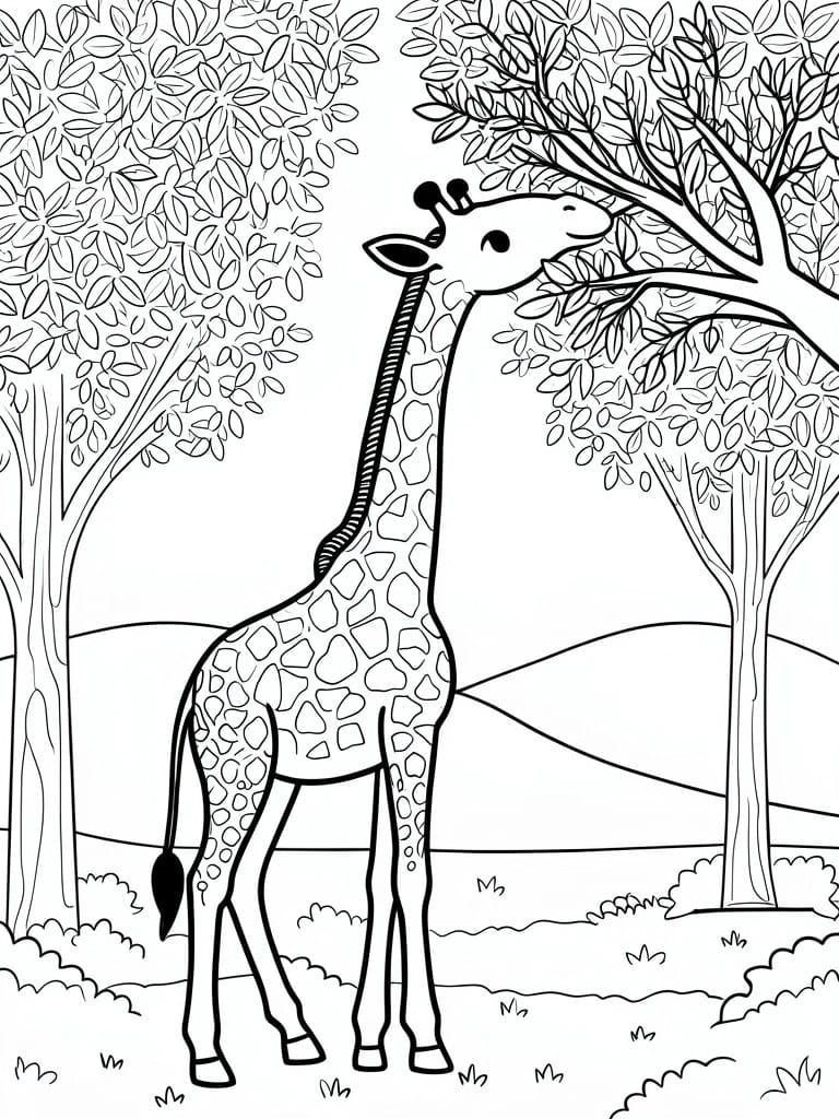 Coloring page of a giraffe eating leaves from a tree in a forest