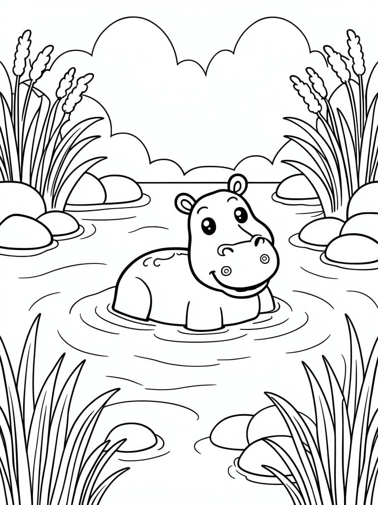 A line drawing of a hippo in water with reeds and rocks around it.