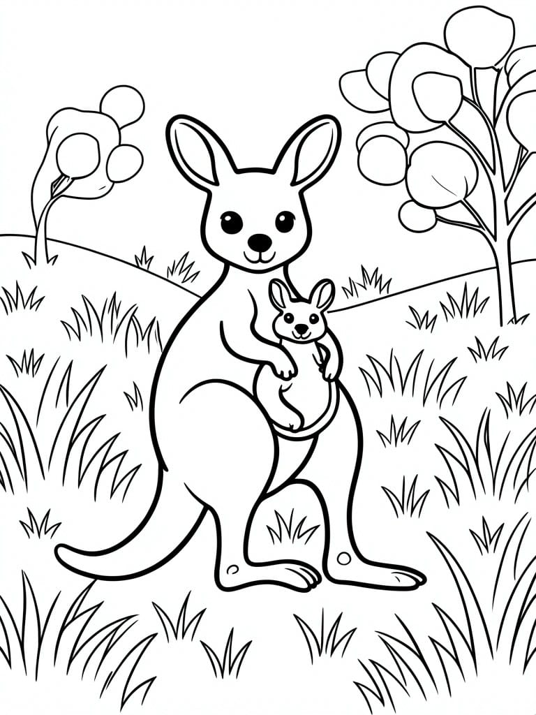 Mother kangaroo with joey in pouch stands in grassy field with trees