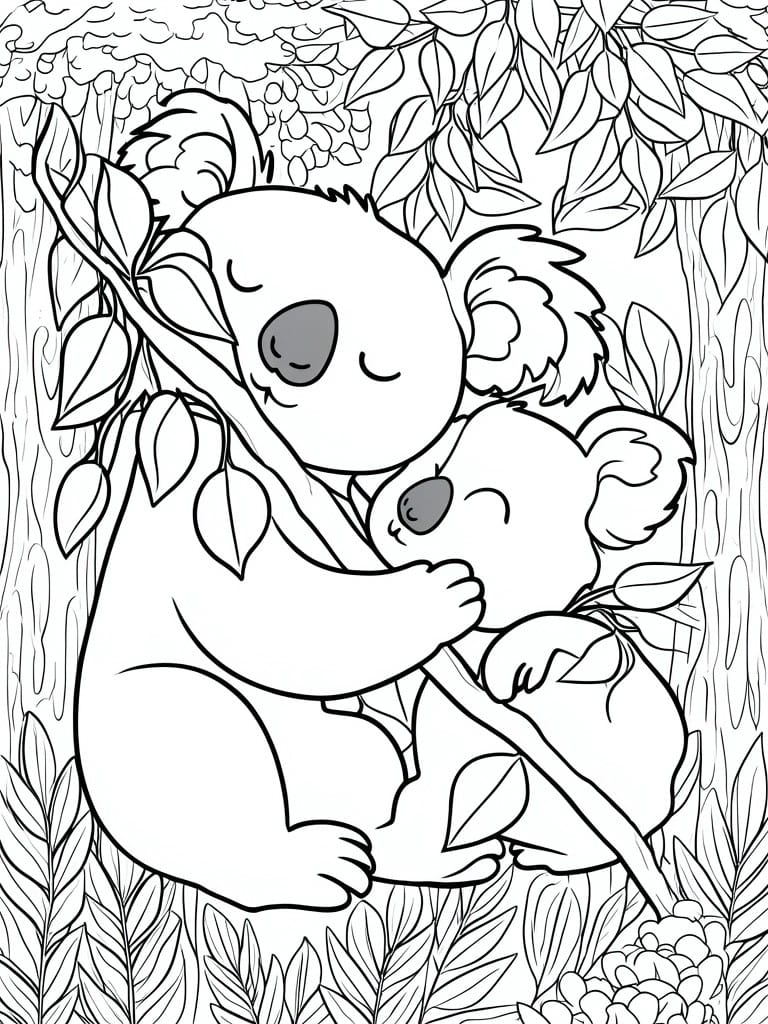 A coloring page shows two koalas hugging on a tree branch surrounded by leaves and foliage.