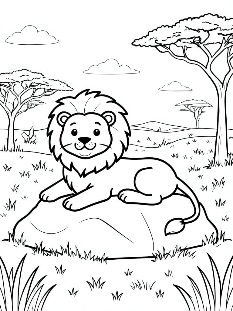 Cartoon lion resting on a rock in savanna with acacia trees and grass