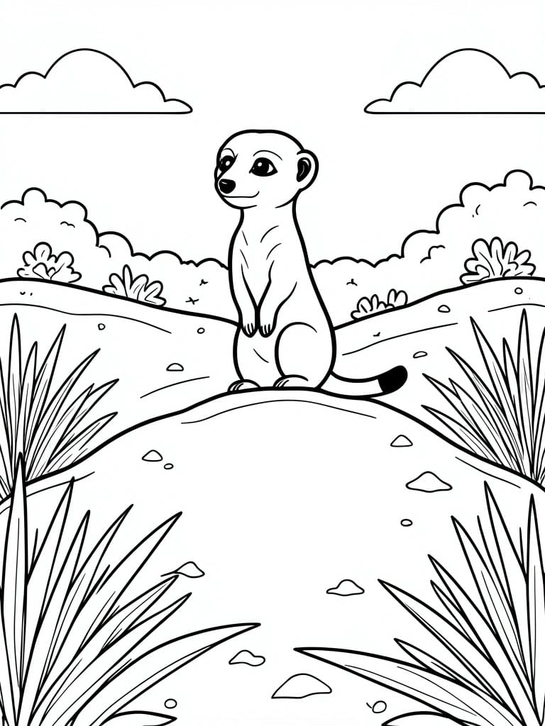 Meerkat standing on mound in grassy savanna with bushes and clouds, line drawing
