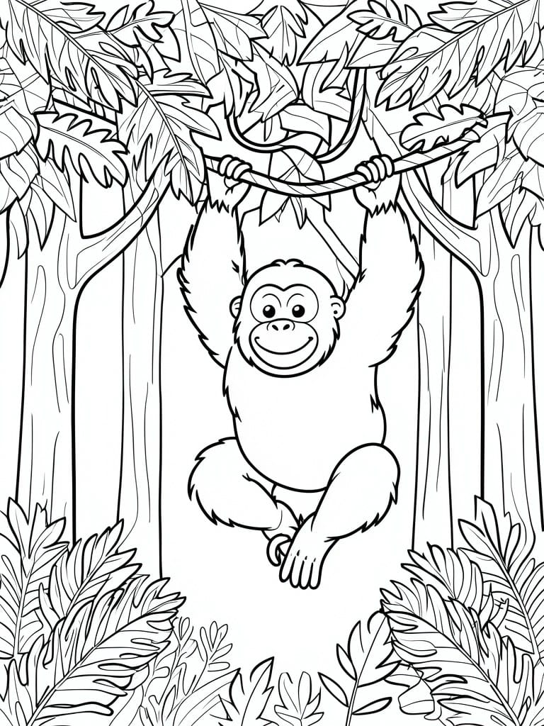 Cartoon monkey hanging from vine amid dense jungle leaves and trees