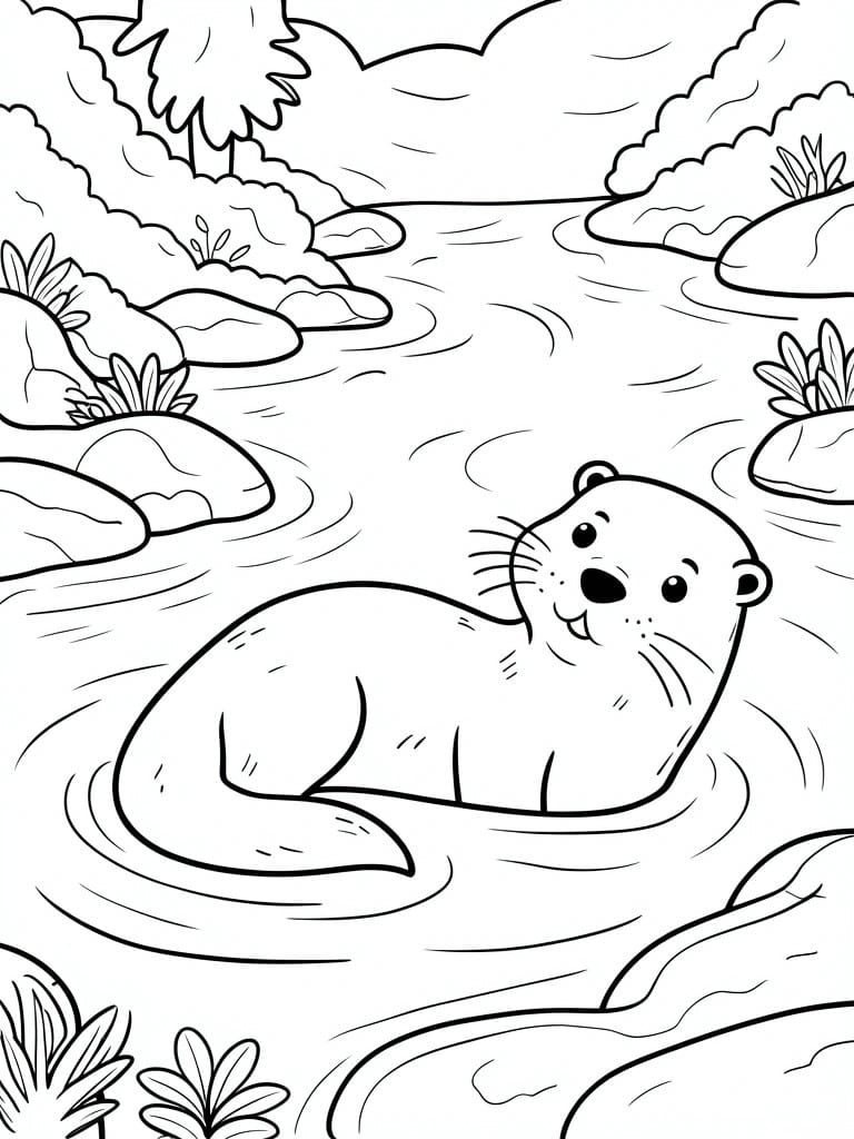 Cartoon otter swimming in a river amid rocks, plants, and trees