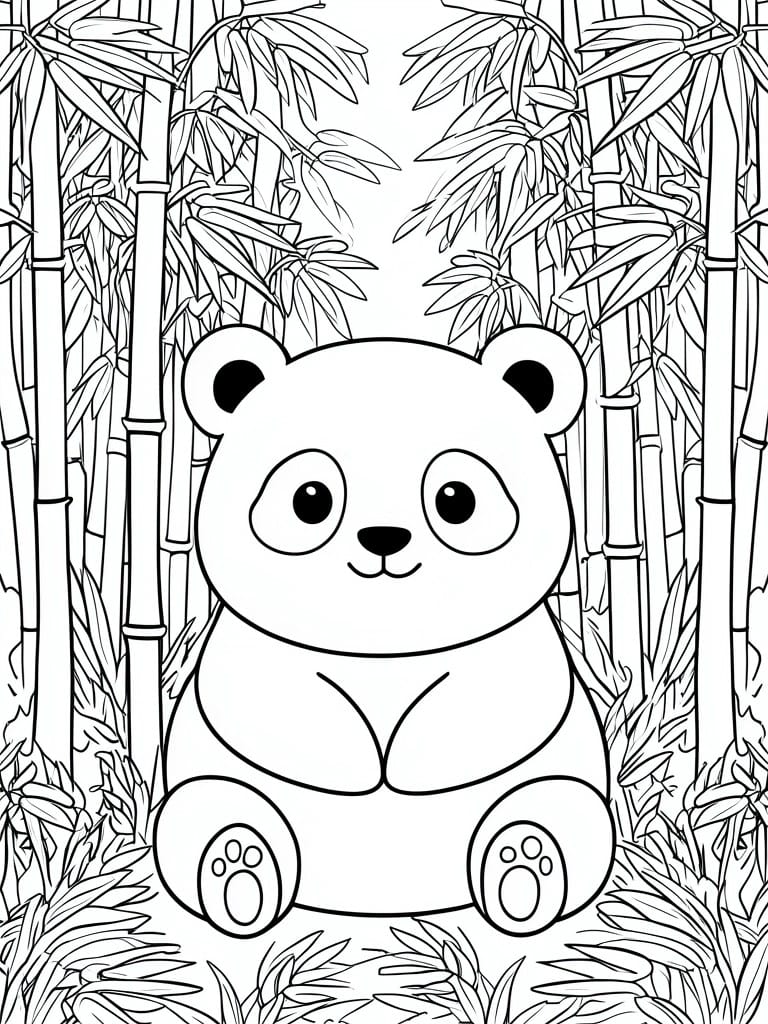 A black and white line drawing of a cute panda sitting in front of bamboo plants and leaves.