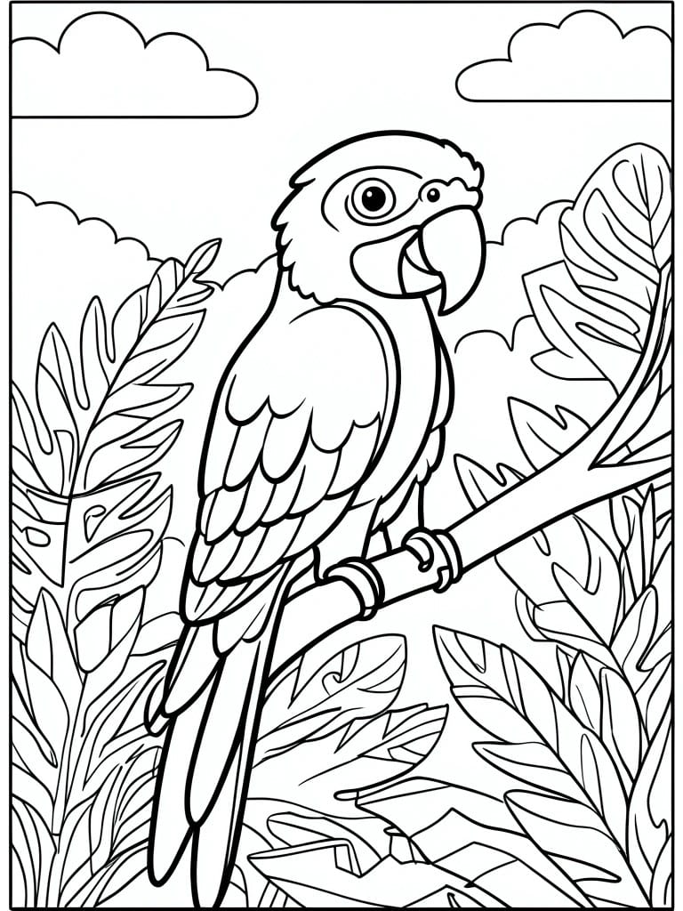Coloring page of a parrot perched on a branch amid jungle foliage and clouds.