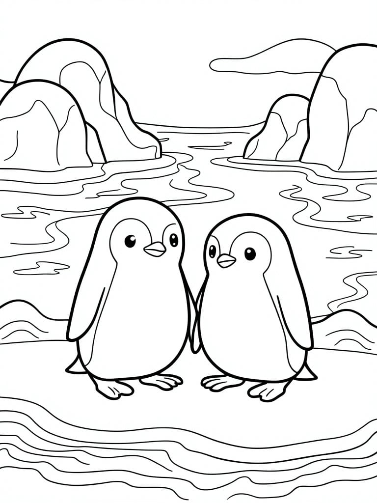 Two cartoon penguins holding flippers amid icy mountains and wavy water lines.
