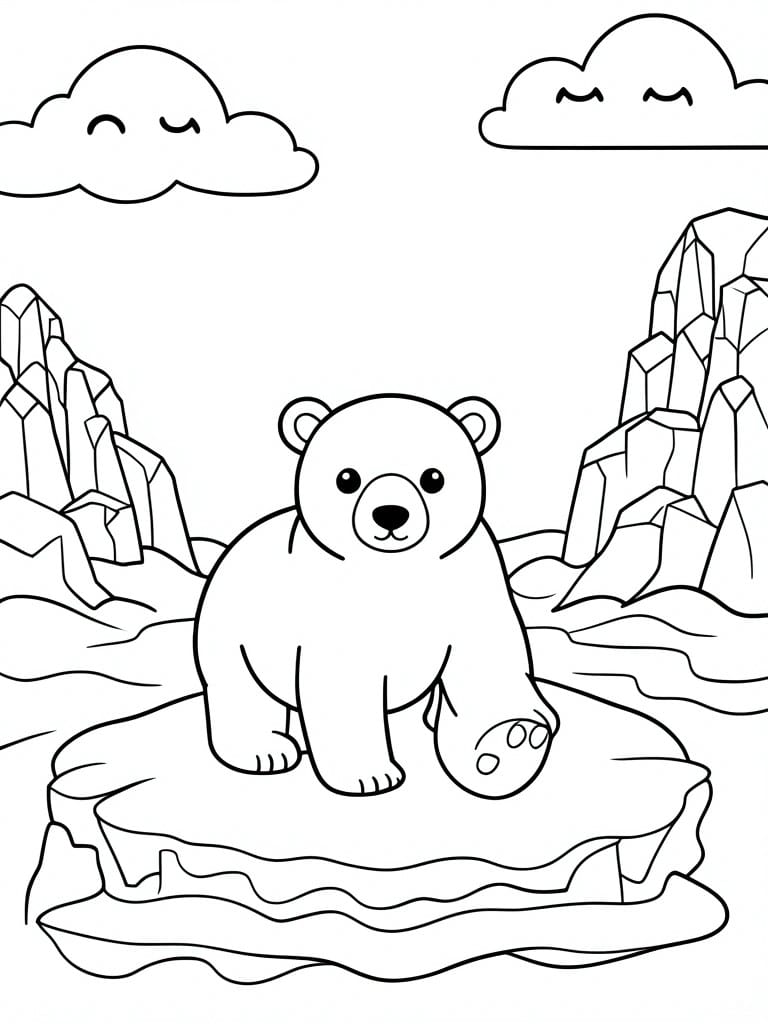 Cartoon polar bear on ice floe with crystal mountains and smiling clouds