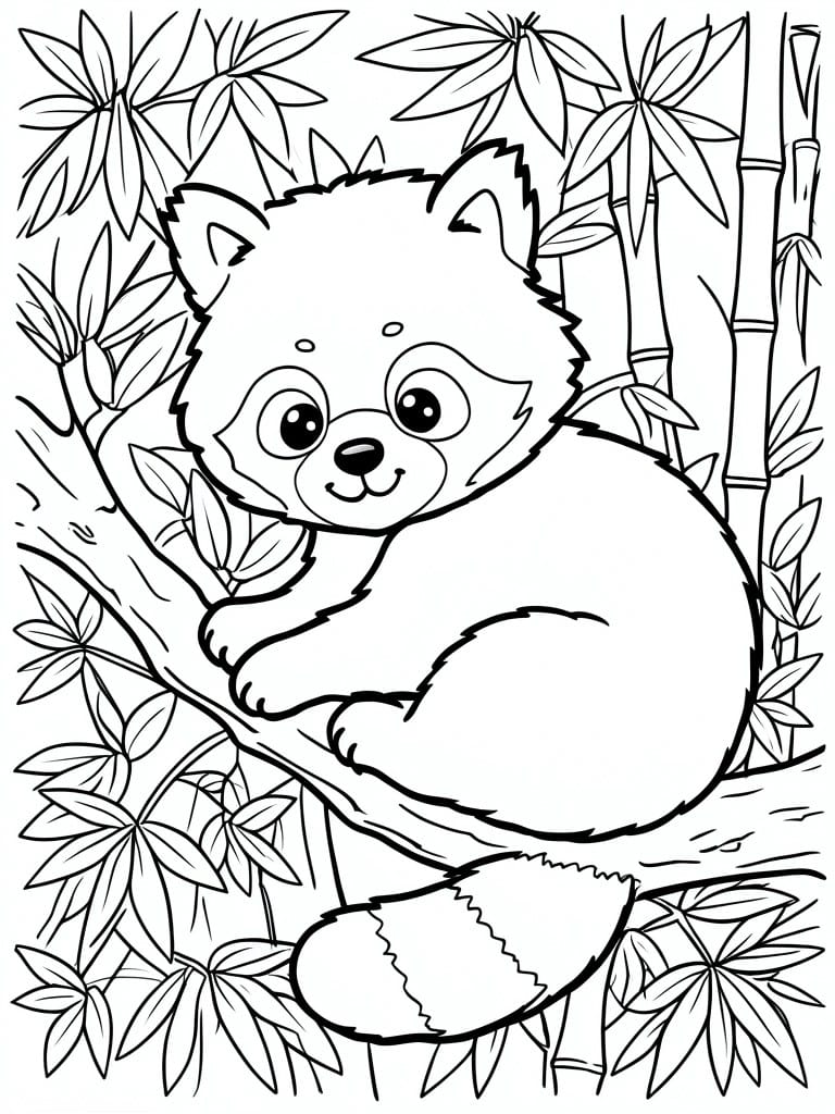 Cute cartoon red panda climbing a tree branch amid bamboo and leaves