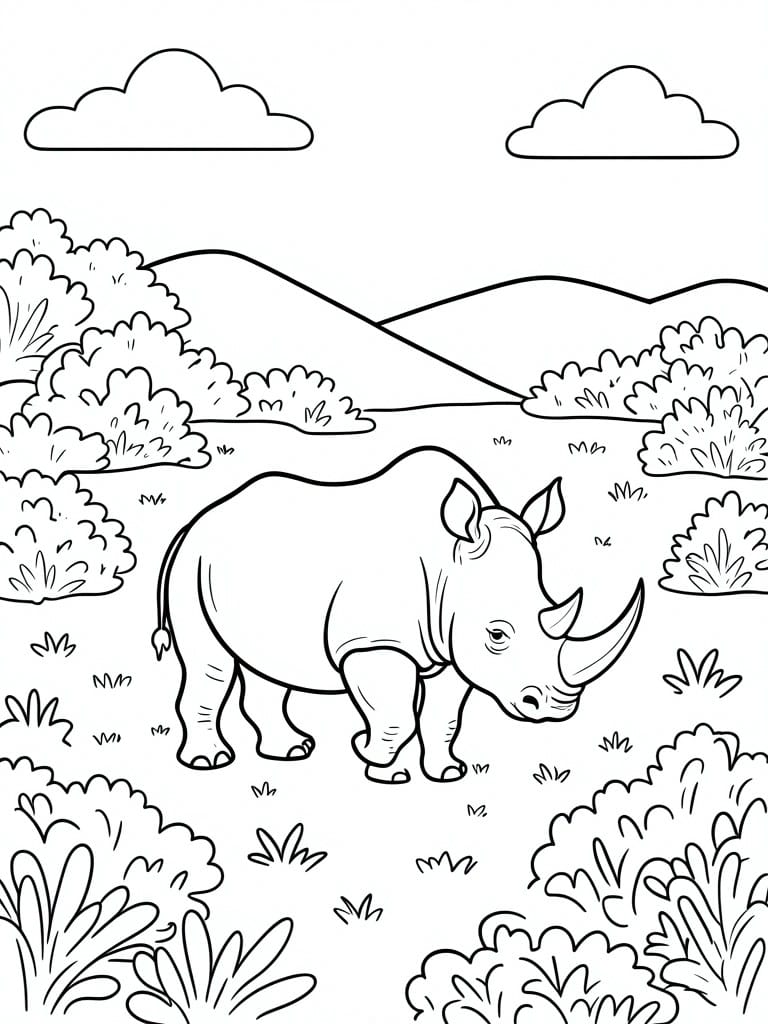 Black-and-white line drawing of a rhinoceros amid bushes on hilly savanna under clouds.