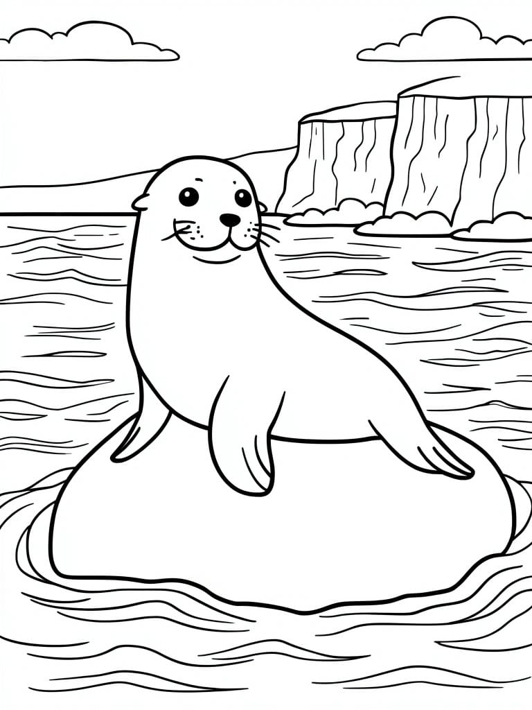 A black and white line drawing of a seal on a rock in the water with cliffs and clouds behind it.