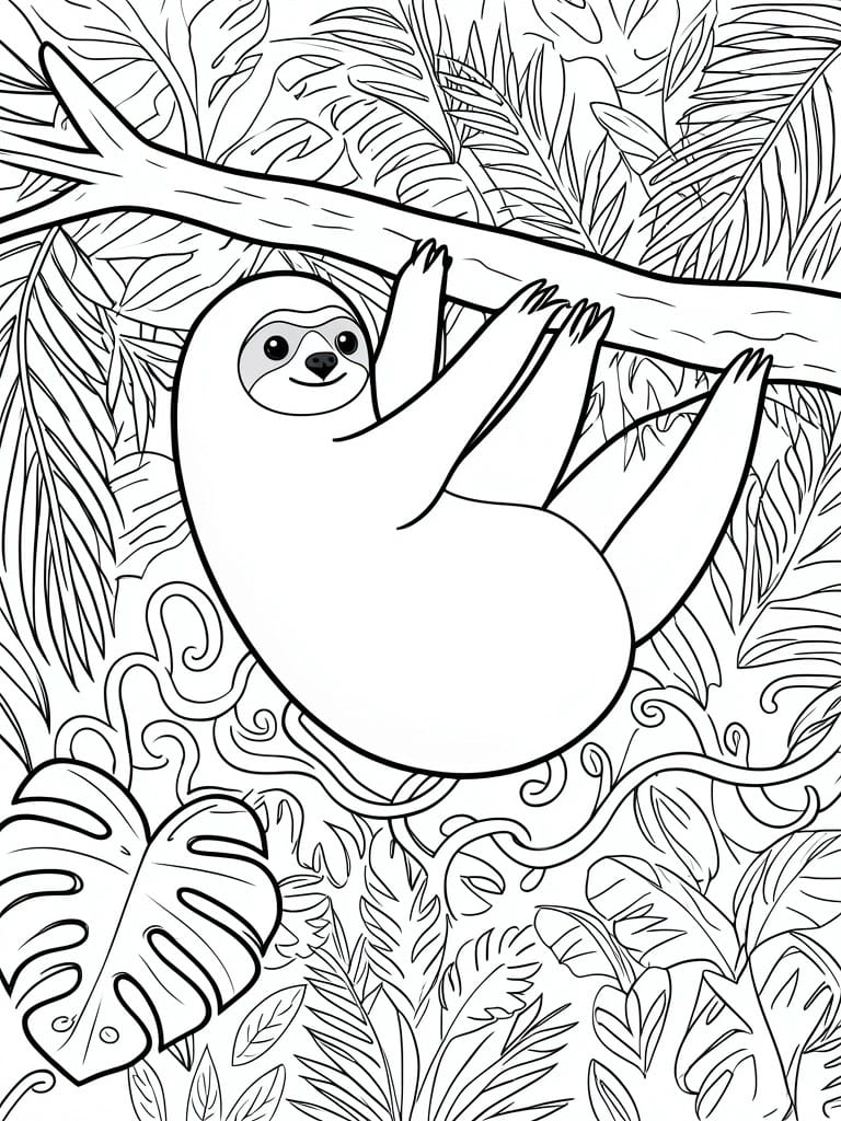 Coloring page of a smiling sloth hanging from a jungle tree branch amid leaves.