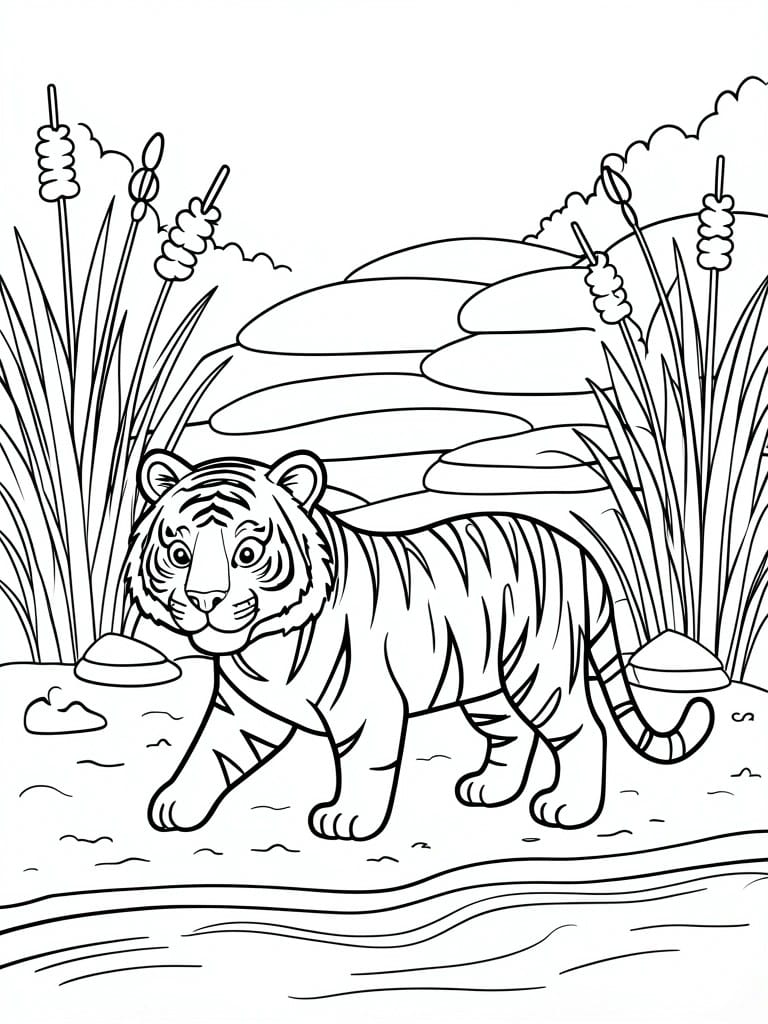 Black-and-white coloring page of tiger by stream with rocks and reeds