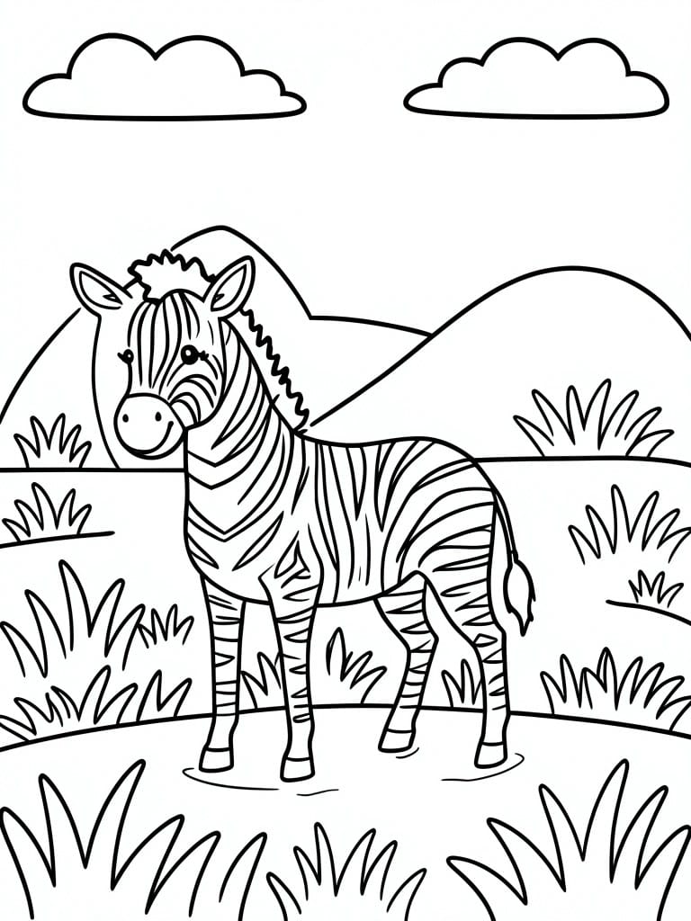 Smiling cartoon zebra standing in grassy field with hills and clouds