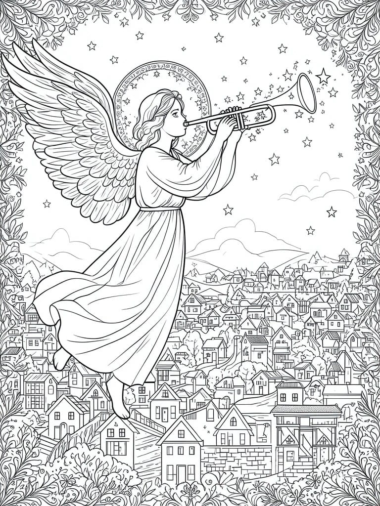 A line art coloring page shows an angel with wings and halo blowing a trumpet above a village, with stars and a decorative border.