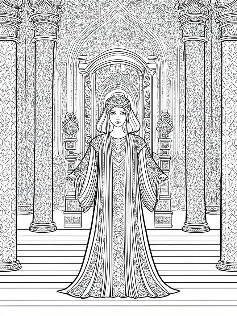 Woman in ornate gown stands amid columns and arches in grand hall
