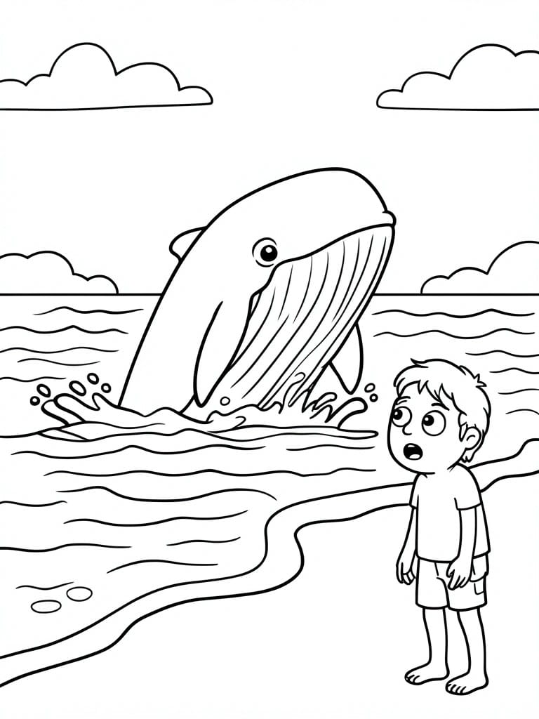 Coloring page of surprised boy watching whale leap from ocean waves.