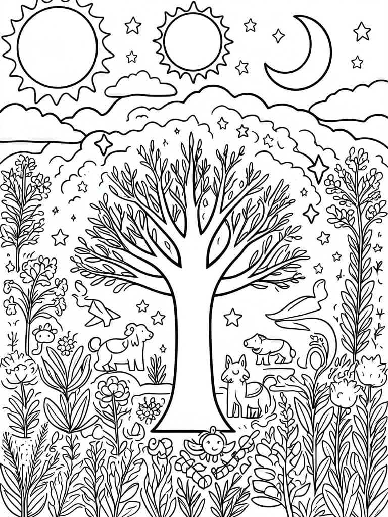 A black and white line drawing of a large tree with animals around its base, flowers and plants on both sides, and the sun, moon, and stars in the sky above.
