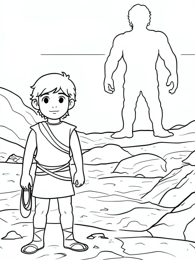 Boy in tunic faces large muscular outline in rocky landscape coloring page