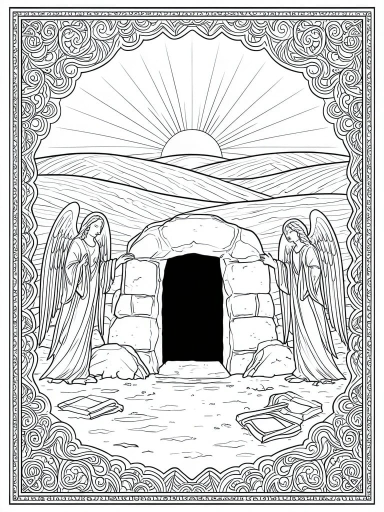 Black and white line art of an open stone tomb with two angels beside it, a sunrise over hills, and an ornate decorative border.