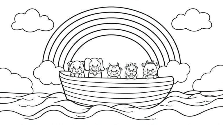 20 Inspiring Bible Coloring Pages for Faith-Filled Family Activities A black and white line drawing of a boat with four animals on deck under a rainbow above wavy water.
