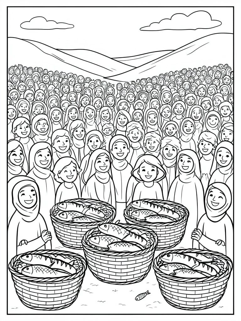 A black and white line drawing shows a large crowd of people behind five baskets of fish with mountains in the background.