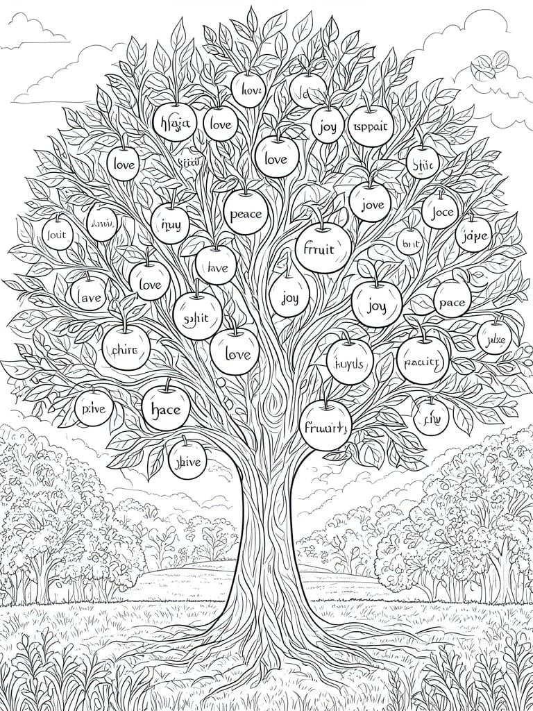 A black and white line drawing of a large tree with apples labeled with words like love, joy, peace, and fruit, plus background trees and sky.