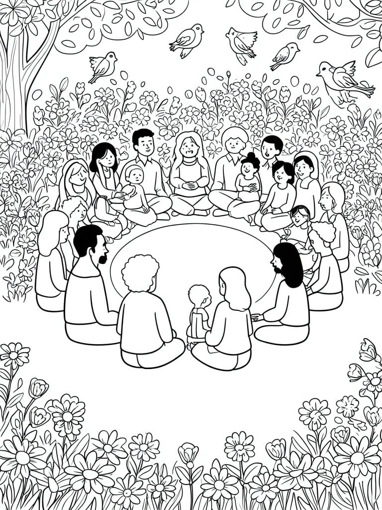 Black and white line drawing of adults and children seated in a circle amid flowers and trees.