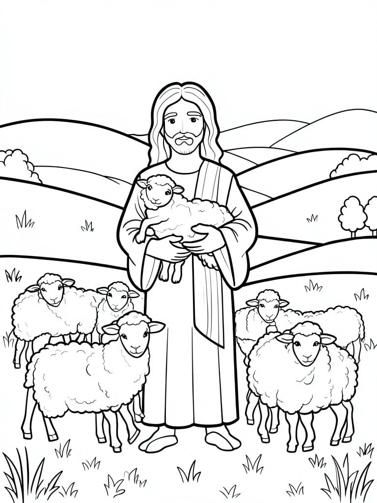 A black and white line drawing of Jesus standing in a field holding a lamb, with several sheep around him and hills in the background.