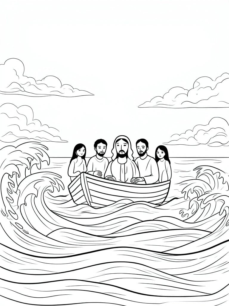 Black and white drawing of Jesus with four others in a boat on stormy waves