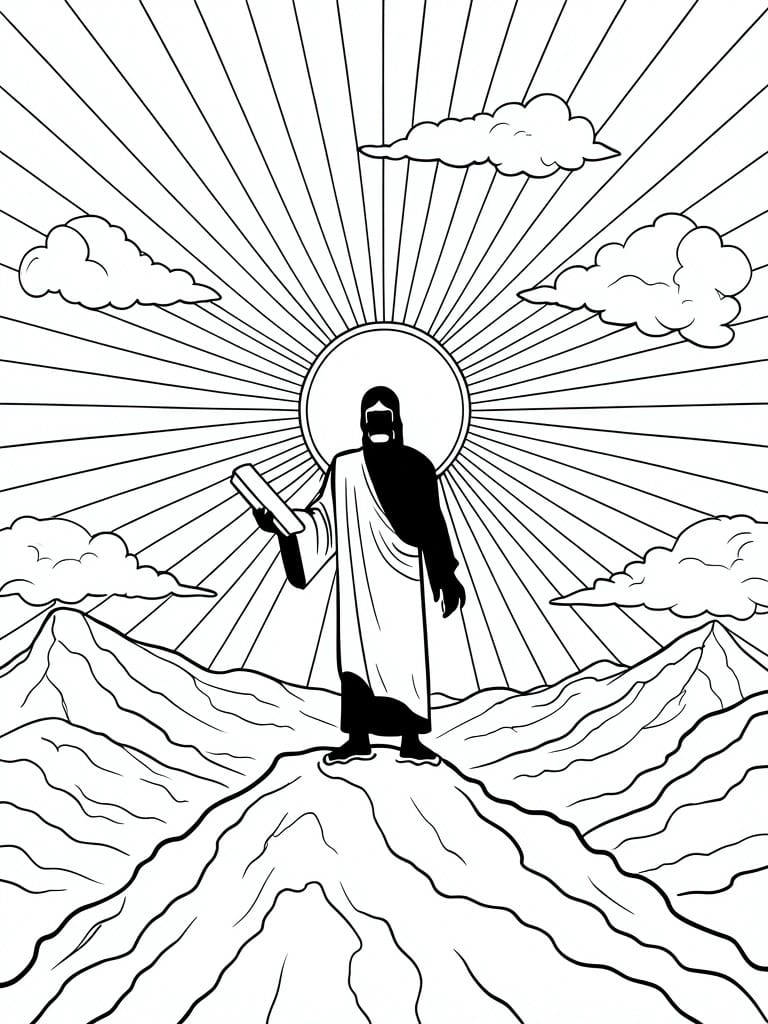 Robed bearded figure with halo holds tablet on mountain amid sun rays and clouds