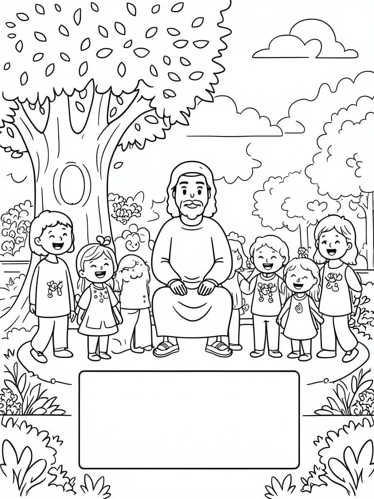 Jesus with smiling children in park under tree, black-and-white coloring page with blank box