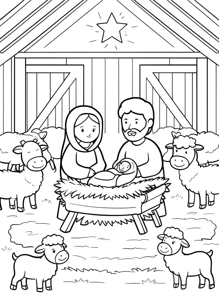 Nativity coloring page with Mary, Joseph, Jesus in manger, sheep, and star