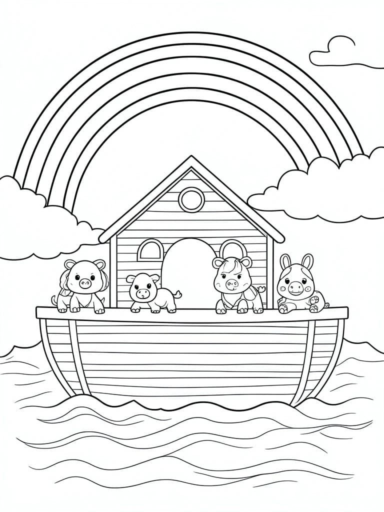 A black and white line drawing of a boat with four animals on deck under a rainbow above wavy water.