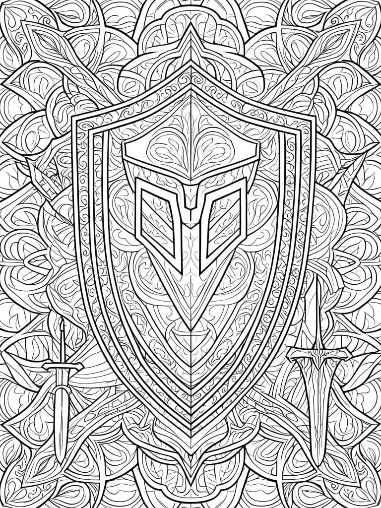 A black and white coloring page featuring a large ornate shield with a helmet motif inside, surrounded by intricate patterns and two swords.