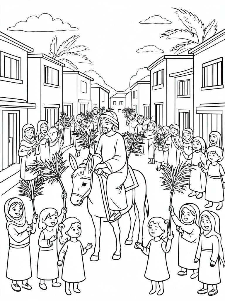 Line drawing of Jesus on donkey welcomed by robed crowd waving palm branches.