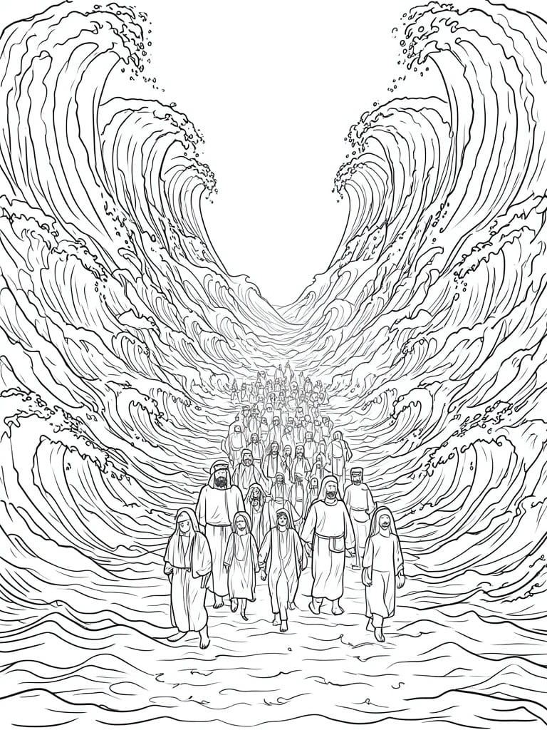 A black and white line drawing of people in robes walking between two large parted waves.