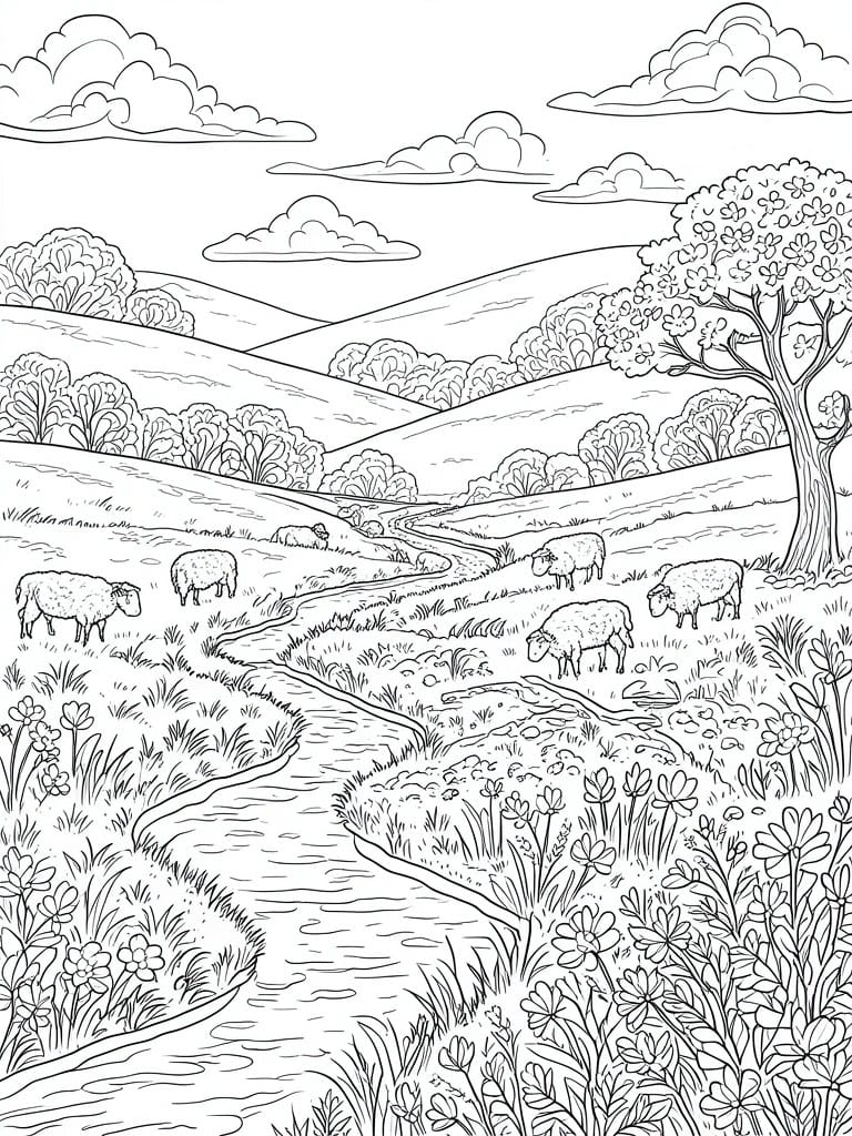 Line drawing of sheep grazing by a stream in rolling hills with trees and flowers.
