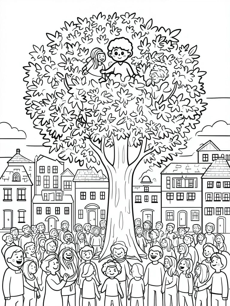 People gather around a tree with children perched in branches near town buildings.